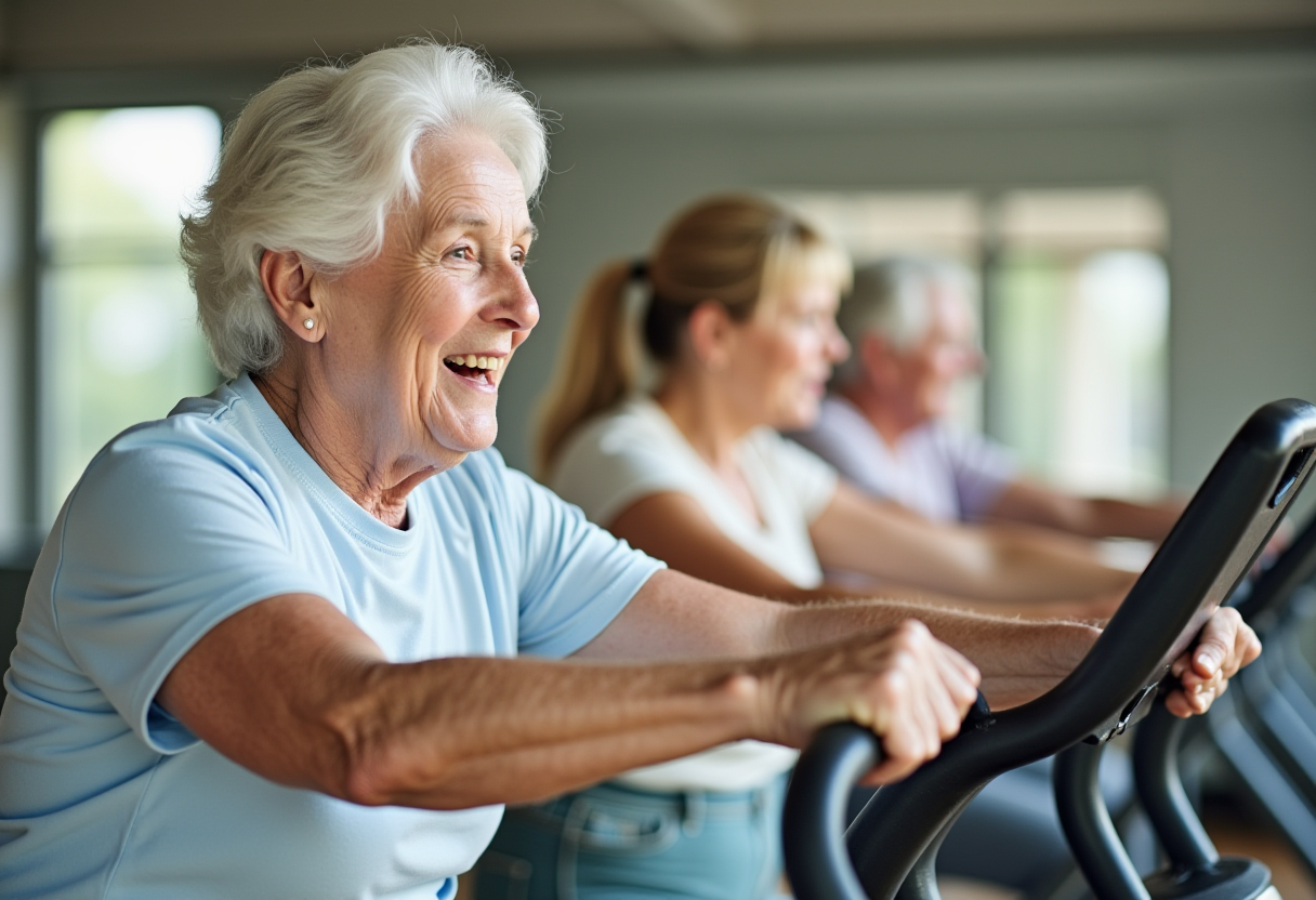 Жена на средна възраст тренира у дома