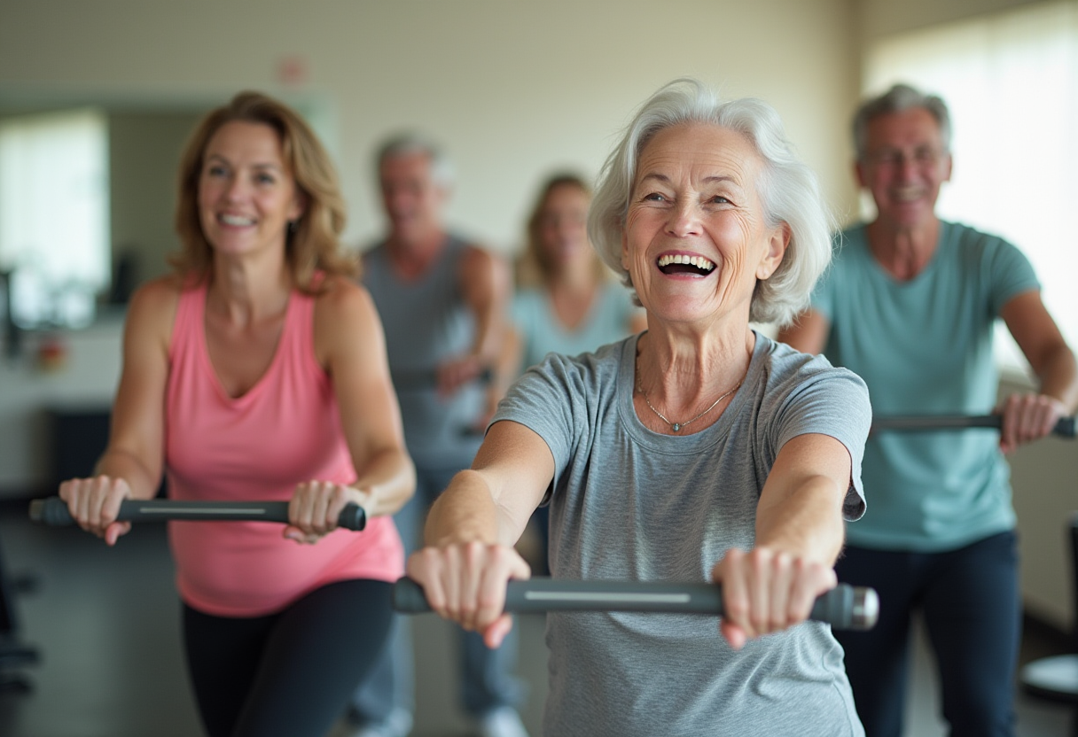 Група хора от различни възрасти, тренират вкъщи